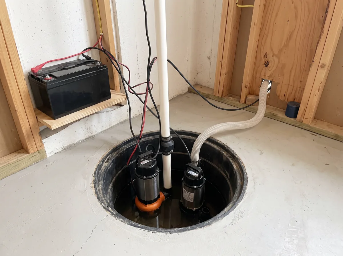 Battery backup sump pump setup in a utility area
