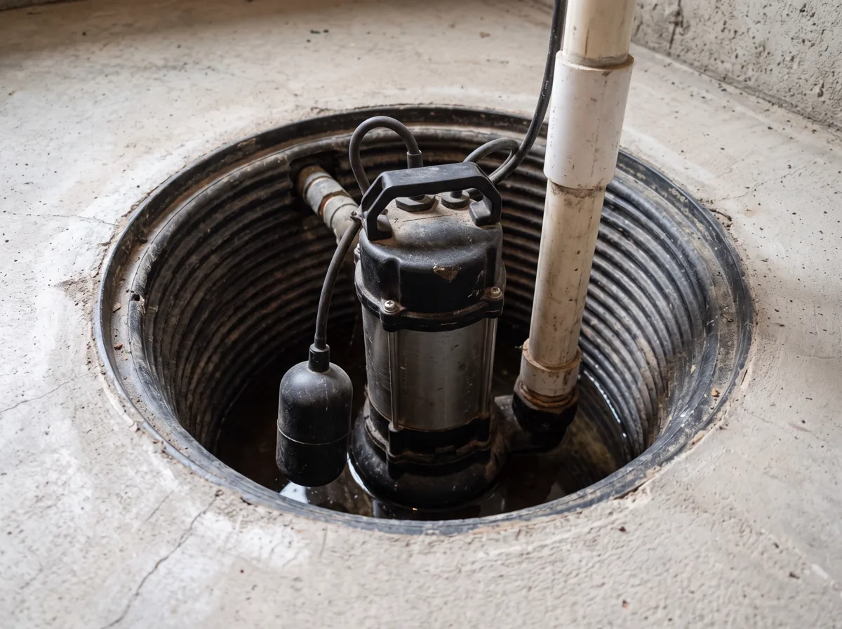 Close-up of a residential sump pump in its basin
