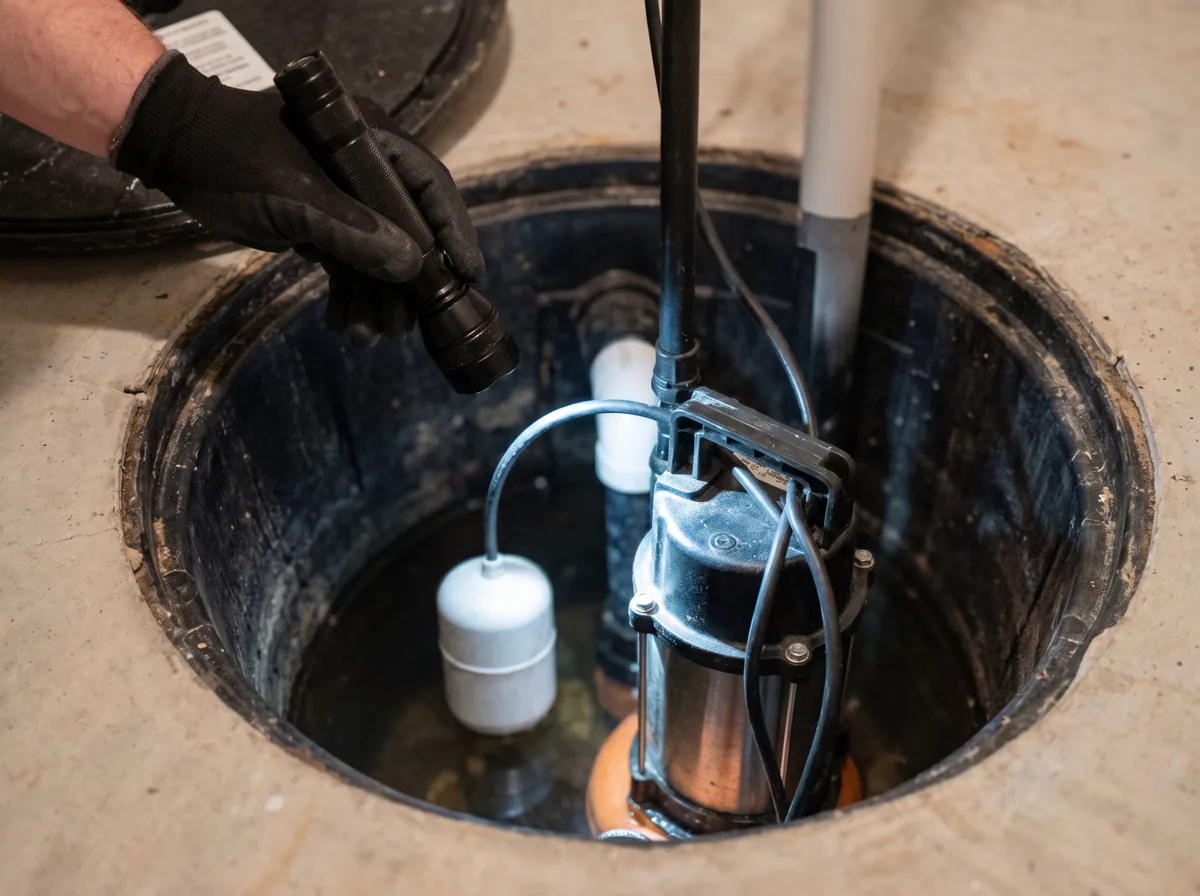 Close-up of sump pump equipment during inspection